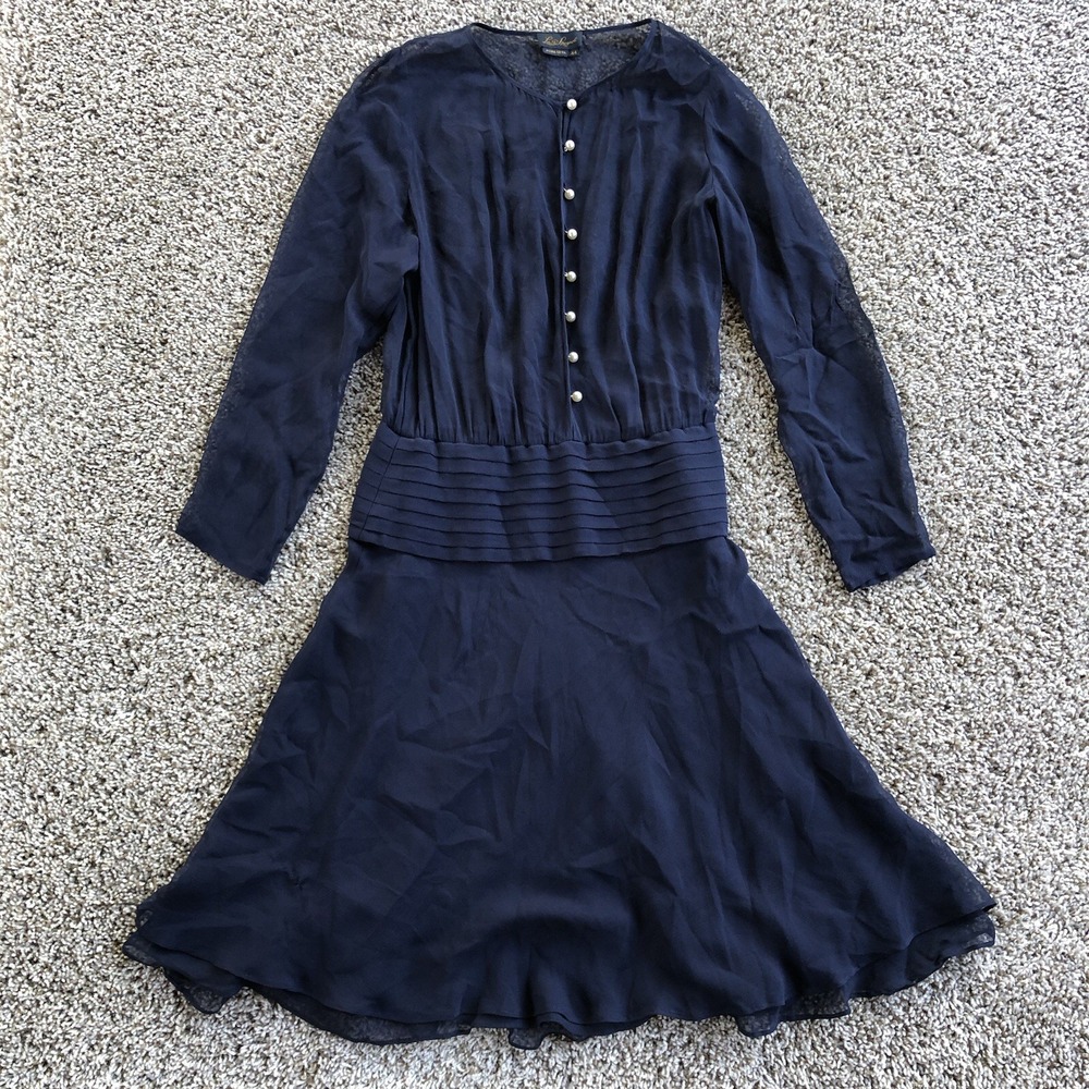 Luisa Spagnoli Pura Seta Shear Dress Womens Size 44 Blue Silk Pearl Buttons EUC